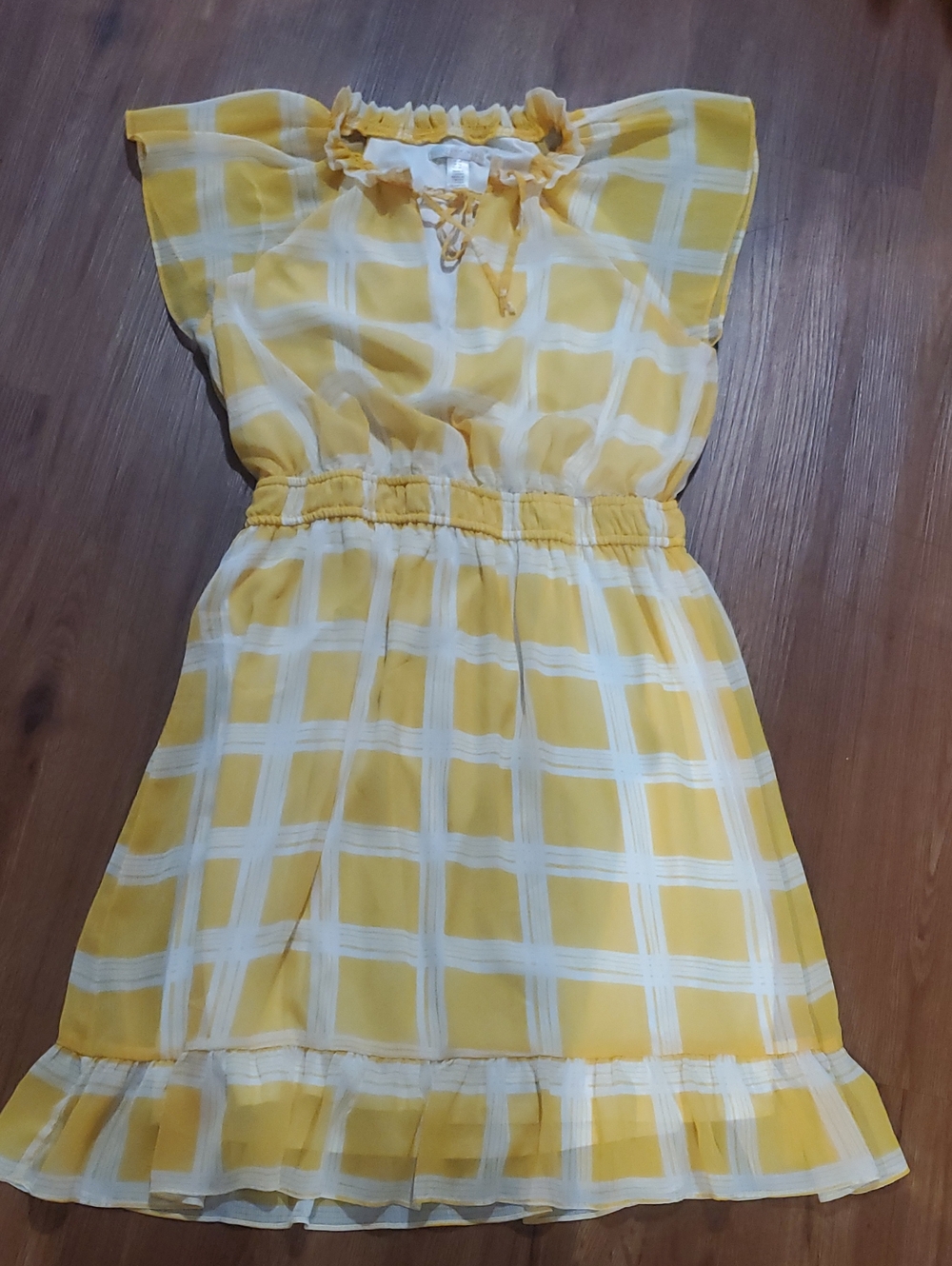 Nordstrom Brand London Times Yellow and White Windowpane Ruffle Dress